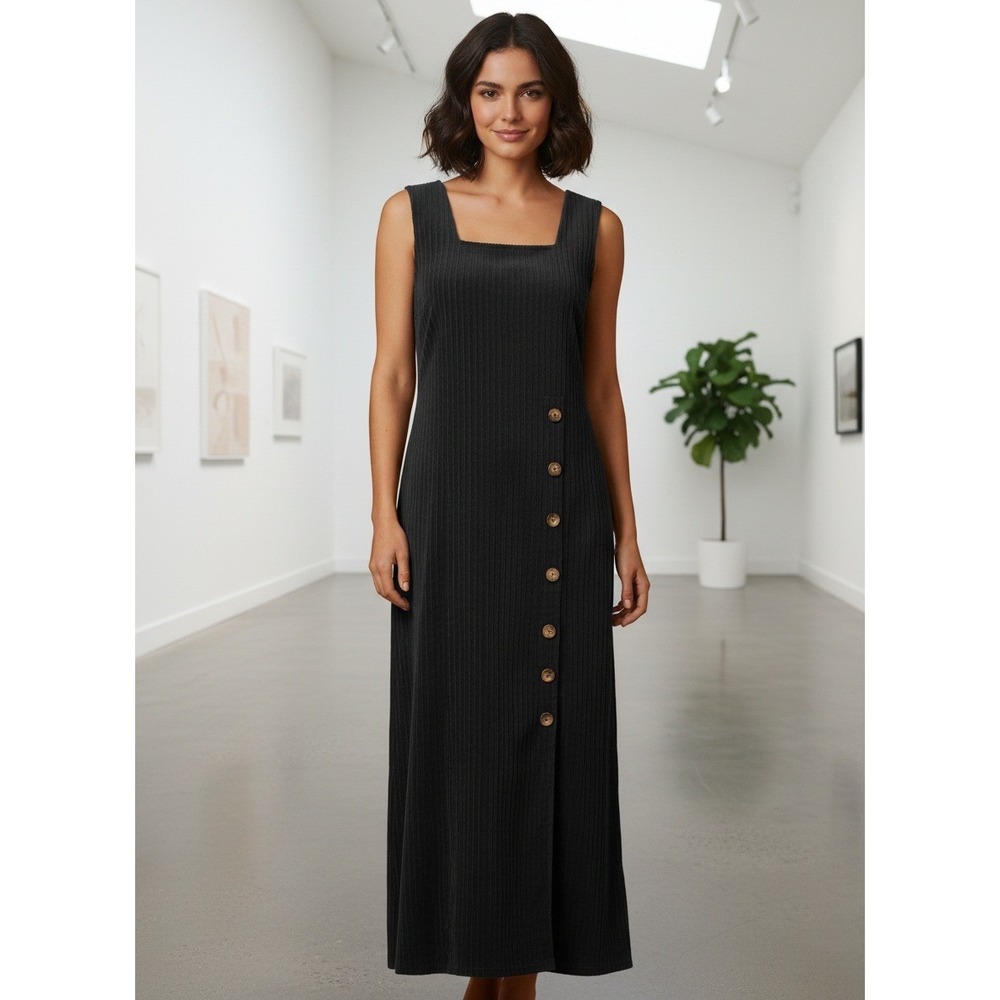 MSAS Maxi Dress Womens Sz Medium Black‎ Ribbed Button Front Sleeveless Boho Chic
